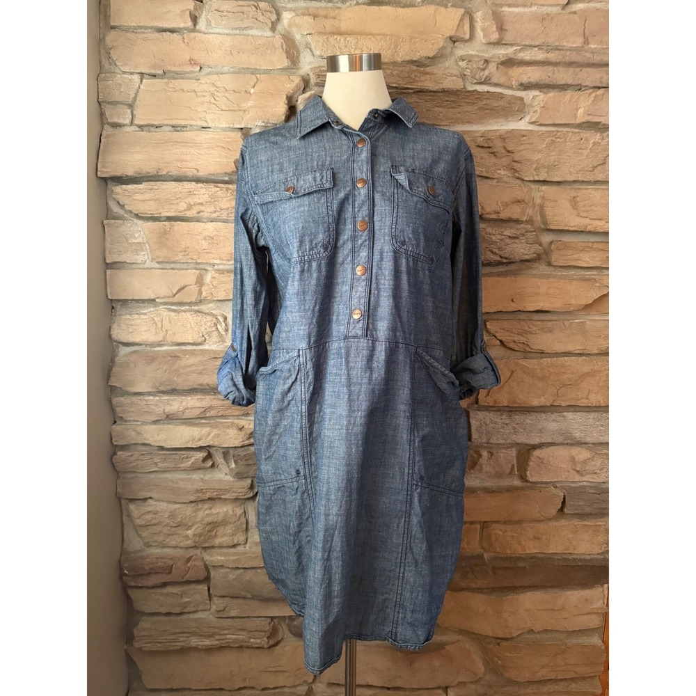 Duluth Trading Co L Womens Rootstock Chambray Utility Shirt Dress Organic Cotton - Picture 3 of 13